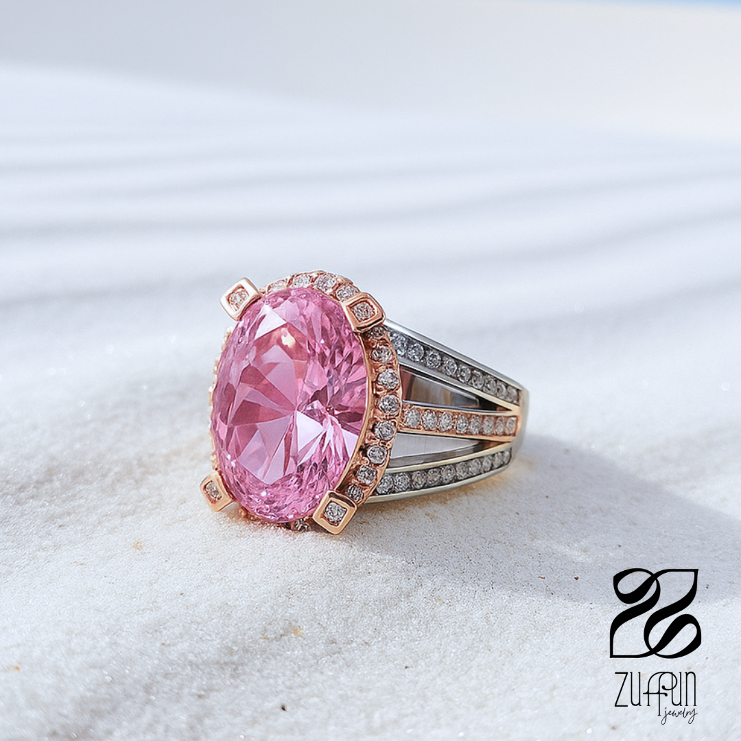 Pink gemstone ring with rose gold setting on a white sand background, Zuffun Jewelry logo visible.