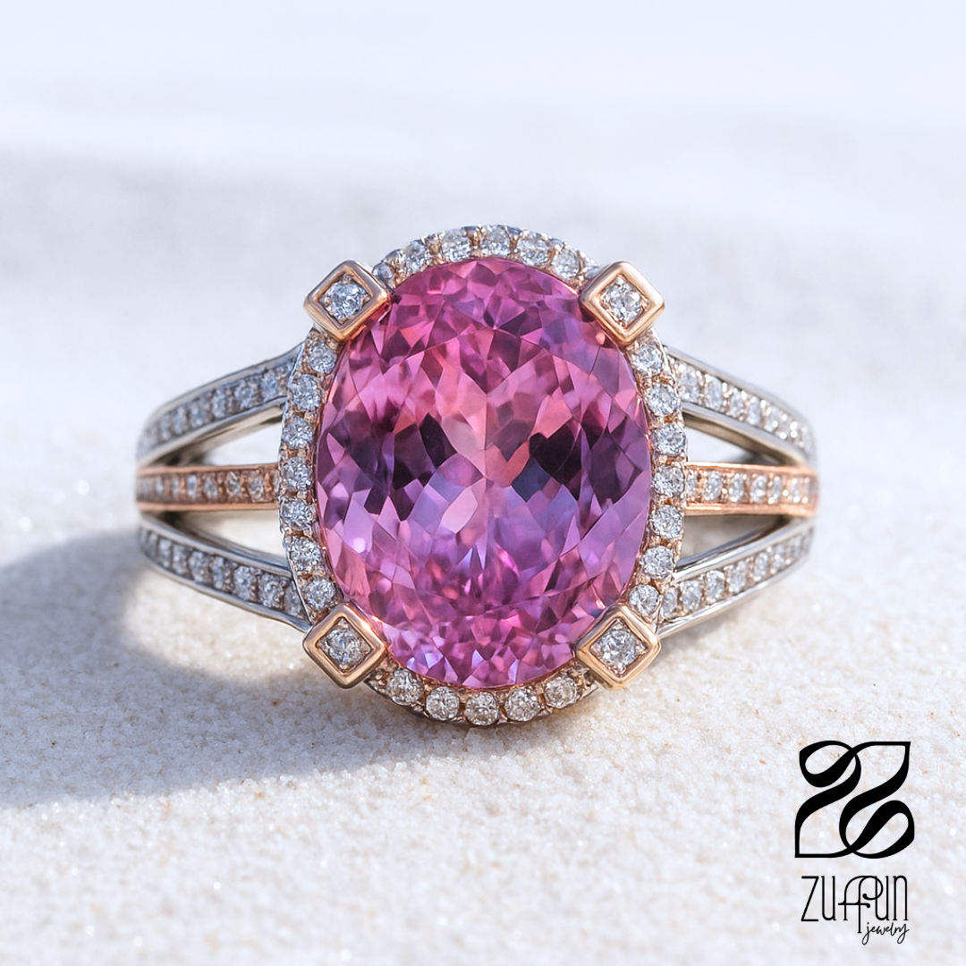 Ring with a pink gemstone and rose gold accents on a white background, featuring the Zuffun brand.